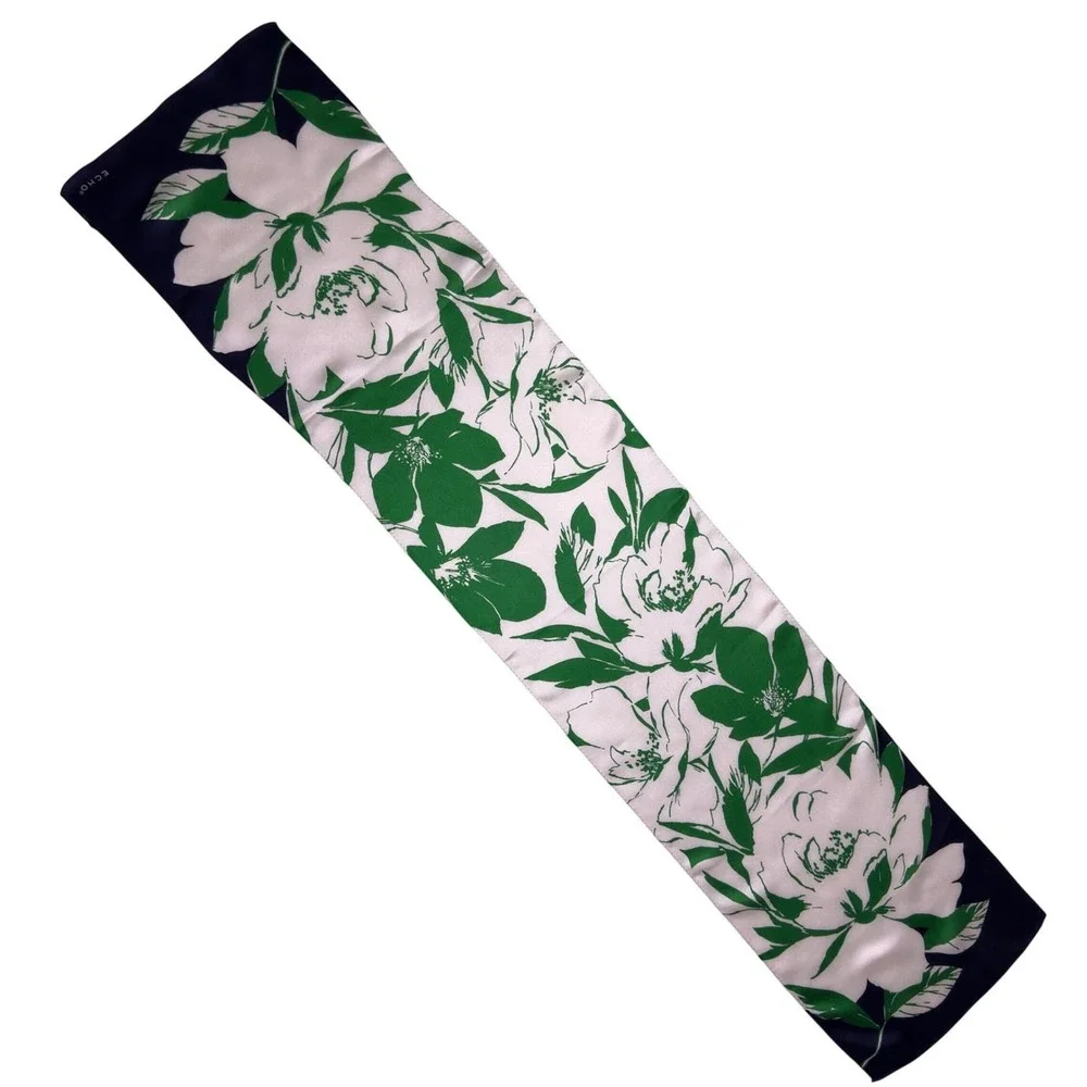 Vtg Echo Silk Scarf Women 11x51 Navy Green White Floral Oblong Scarflette Preppy
